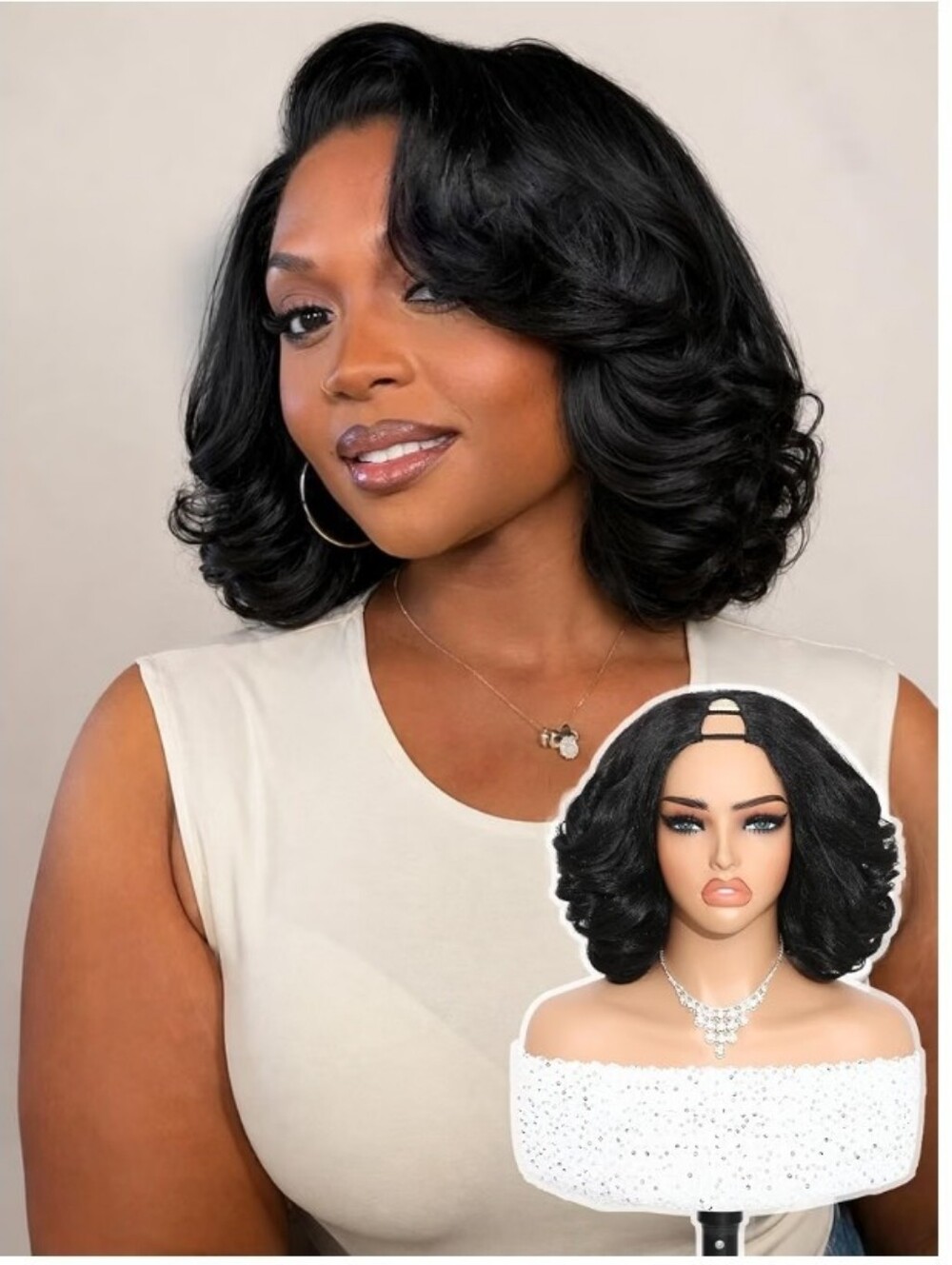 Layered Short Yaki V Part Wig Glueless Synthetic Heat Resistant 12" 1B